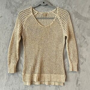 Lucky Brand Cream Crochet‎ Knit V Neck Long Sleeve Sweater Top Medium